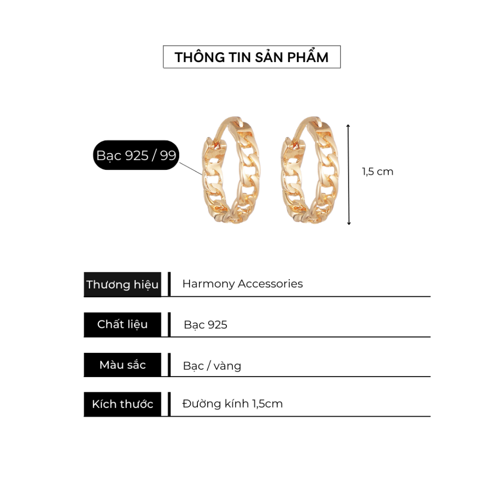 Khuyên bông tai nữ bạc cao cấp mắt xích tròn cá tính, phong cách Hàn Quốc | HARMONY ACCESSORIES K116