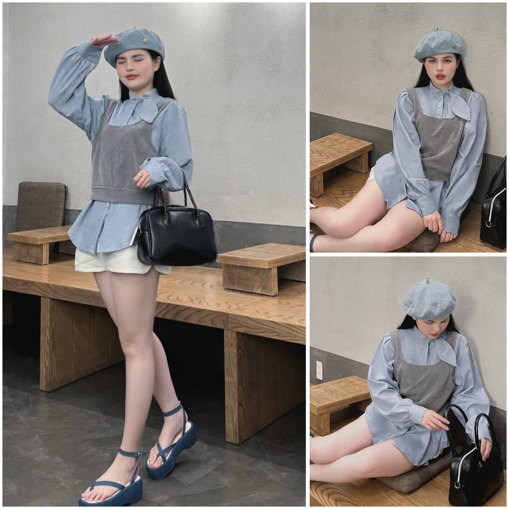 Set Sơ Mi Tay Dài Tone Xanh Ngọc Nơ Cổ Kèm Áo Yếm Gân Xám Mix Quần Short Tone Trắng Style Hàn Quốc Dễ Thương Nữ Tính