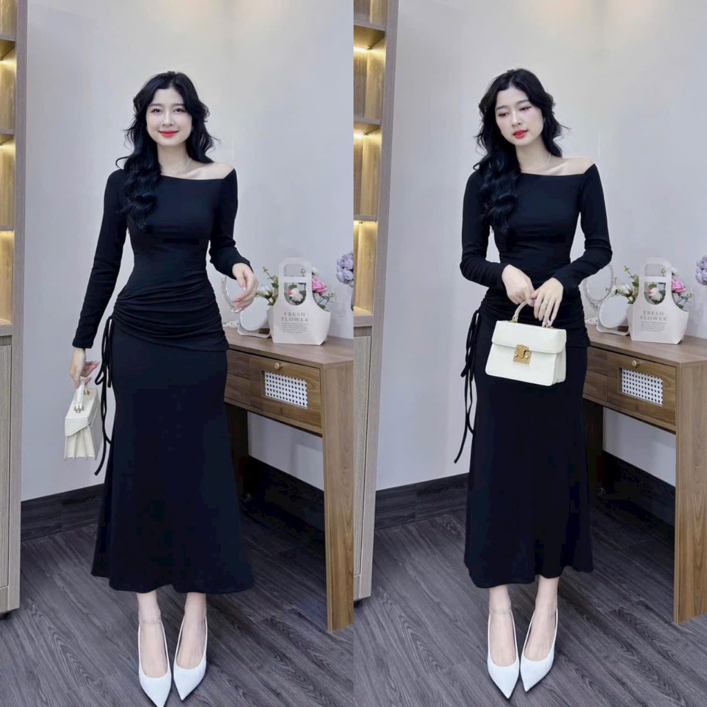 Đầm váy nữ ôm body tôn dáng họa tiết dáng xòe đuôi cá tay dài phối thun tăm lạnh trẻ trung dự tiệc đi chơi
