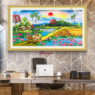 Tranh thêu chữ thập làng quê thanh bình 1m x 54cm