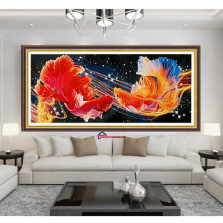 Tranh thêu chữ thập cá chép hóa rồng 1m20 x 60cm