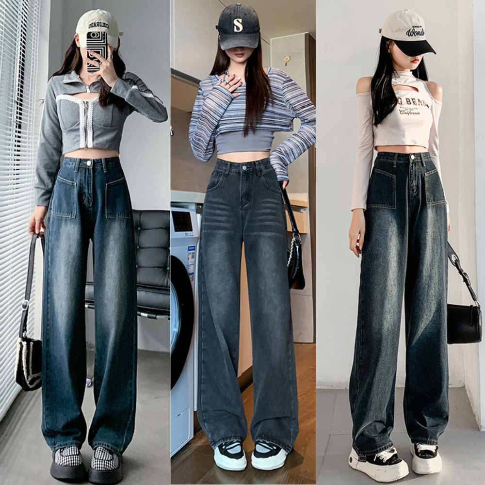 Quần Jean nữ ống rộng cạp cao MIAA Quần Bò jeans nữ đen xám phong cách Retro Ulzzang 2023