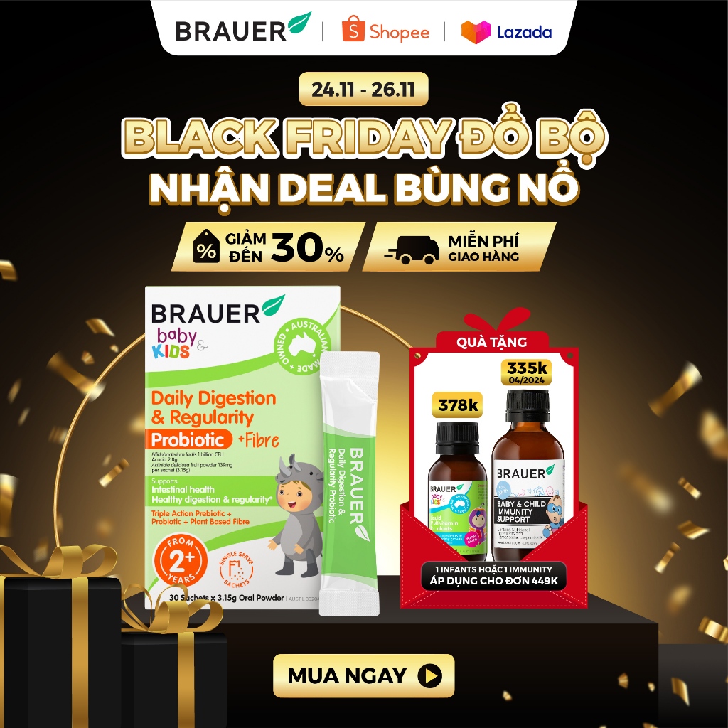 BRAUER Baby & Child DAILY DIGESTION & REGULARITY PROBIOTIC-Men vi sinh và chất sơ bổ sung hằng ngày(10 gói) Hàng tặng