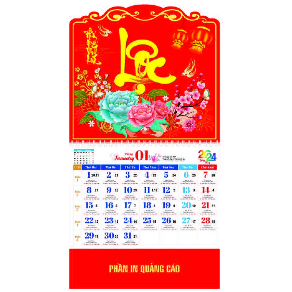 LỊCH TẾT 2024 - XUÂN GIÁP THÌN - LỊCH CHỮ PHÚC 13 TỜ LÒ XO GIỮA GẮN BỘ SỐ - AN KHÁNH