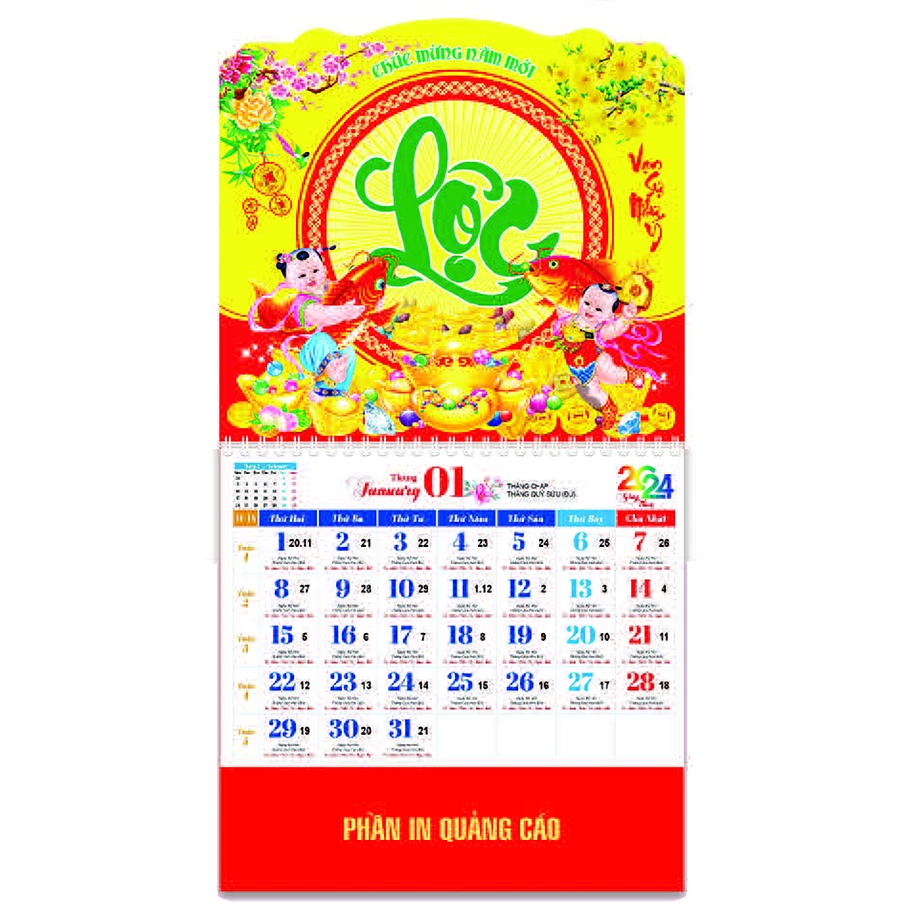 LỊCH TẾT 2024 - XUÂN GIÁP THÌN - LỊCH CHỮ PHÚC 13 TỜ LÒ XO GIỮA GẮN BỘ SỐ - AN KHÁNH