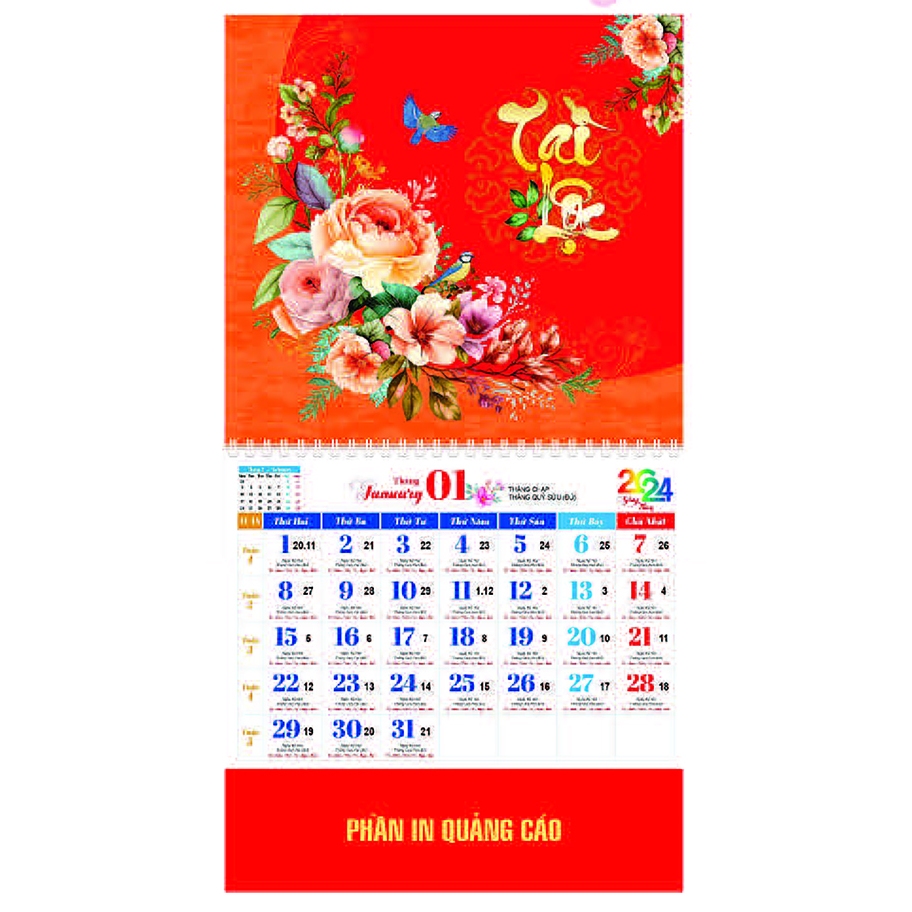 LỊCH TẾT 2024 - XUÂN GIÁP THÌN - LỊCH CHỮ PHÚC 13 TỜ LÒ XO GIỮA GẮN BỘ SỐ - AN KHÁNH