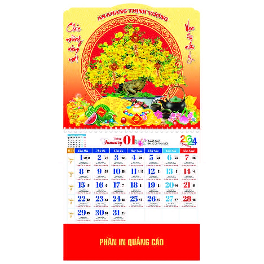 LỊCH TẾT 2024 - XUÂN GIÁP THÌN - LỊCH CHỮ PHÚC 13 TỜ LÒ XO GIỮA GẮN BỘ SỐ - AN KHÁNH