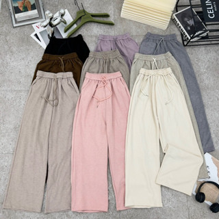 Quần len tăm ống rộng nữ bụng chun có dây rút chỉnh eo dáng ống suông mầu basic dễ mặc