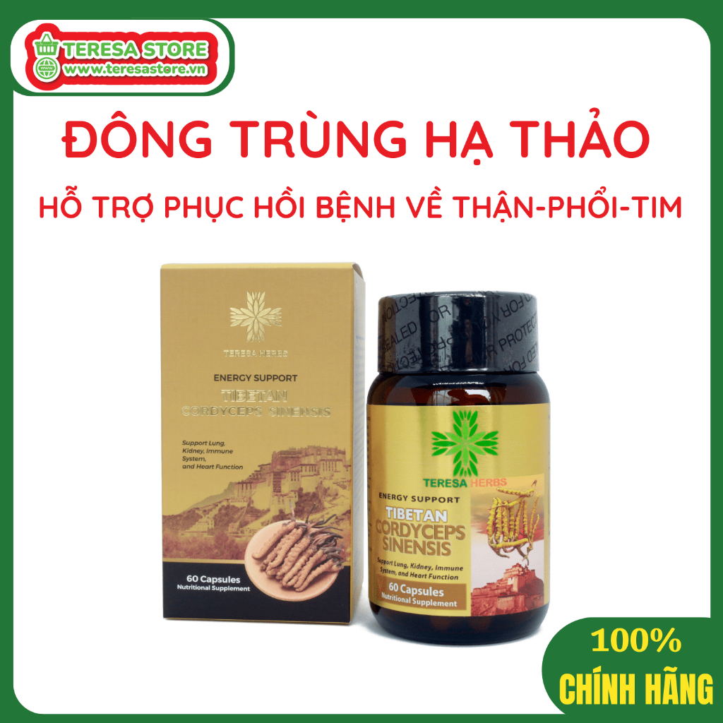 Viên Đông Trùng Hạ Thảo Tây Tạng Cao Cấp TERESA HERBS - Lọ 60 viên - Hỗ trợ Bổ Thận, Bổ Phổi, Bổ Tim