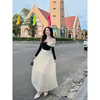 Set 2 Món Thời Trang thời thượng - Áo Tay Dài Đen Trễ Vai Phối Nơ Ngực Kèm Chân Váy Dáng Dài Dập Li Kem Kì Sang Trọng