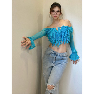 Áo lưới croptop tua rua tay dài trễ vai