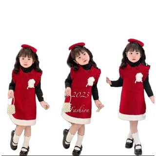 Váy yếm nhung kèm áo trong đính hoa trà kèm bờm cho bé gái