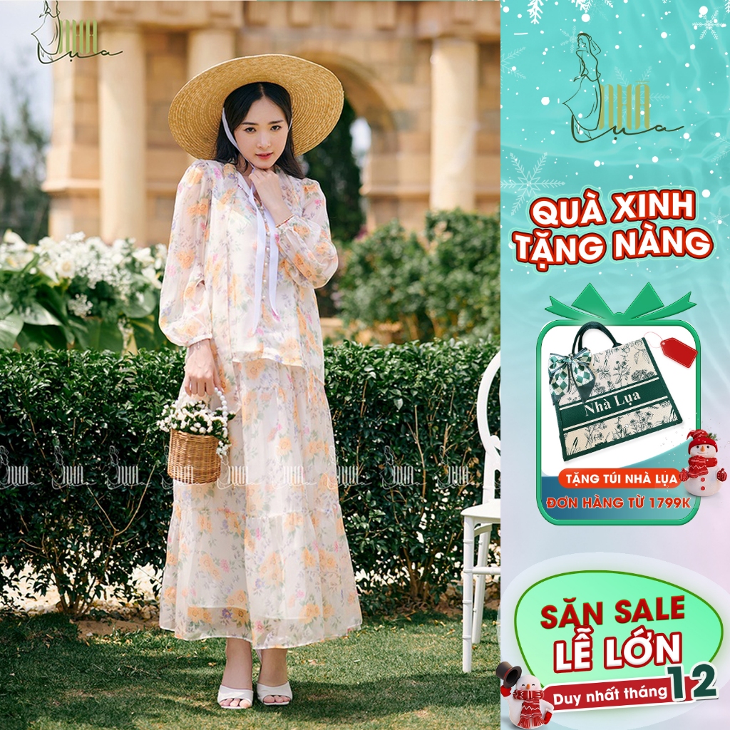 Váy thiết kế tiểu thư hoa nhí tay dài NHÀ LỤA thiết kế dáng dài voan xước cao cấp thanh lịch