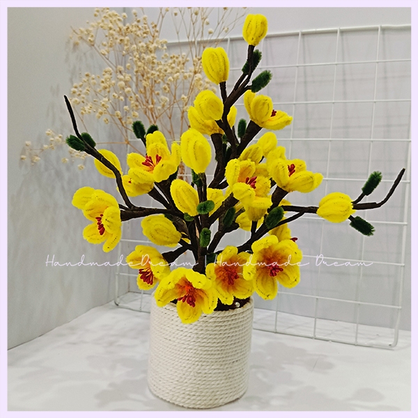 Chậu hoa mai chưng tết tặng đèn led Handmade | Hoa kẽm nhung decor trang trí nhà cửa ngày tết