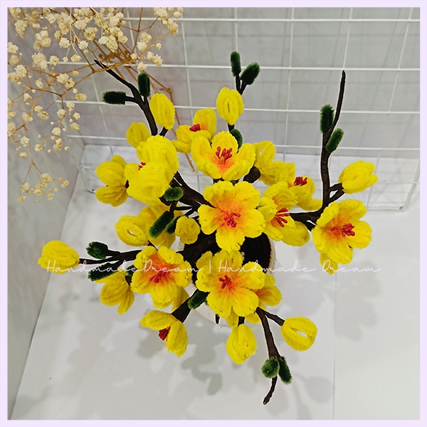 Chậu hoa mai chưng tết tặng đèn led Handmade | Hoa kẽm nhung decor trang trí nhà cửa ngày tết