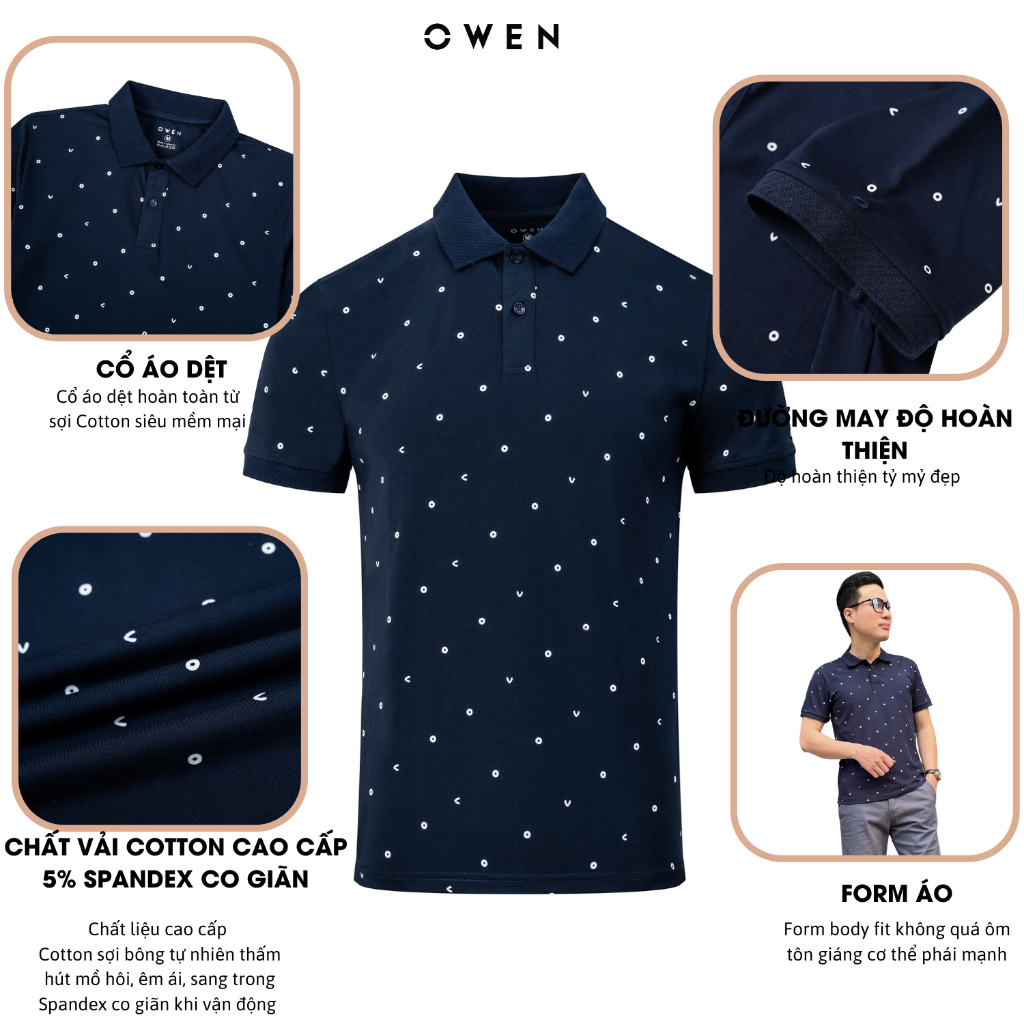 Áo polo nam Owen cao cấp màu navy chất vải cotton co giãn  thấm hút mồ hôi form slim nhẹ mặc vừa vặn năng động trẻ trung