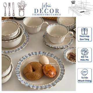 Bộ bát đĩa họa tiết ren xanh vintage gốm sứ cao cấp -Meii.decor