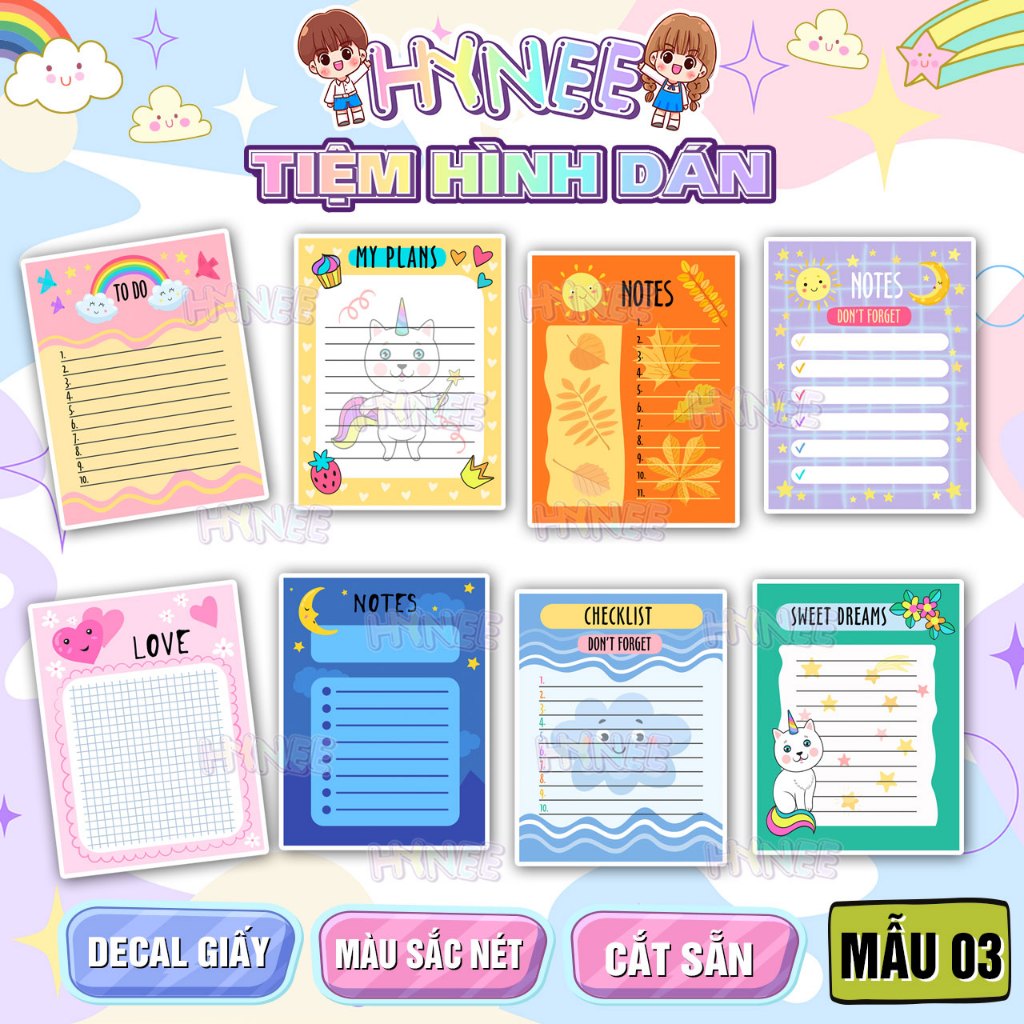 Sticker Note Hoạ Tiết Cute 🌈𝑭𝒓𝒆𝒆𝒔𝒉𝒊𝒑 Decal Ghi Chú Dễ Thương Trang Trí Nhật Ký, Sổ Tay, Tập Vở, Bullet Journal
