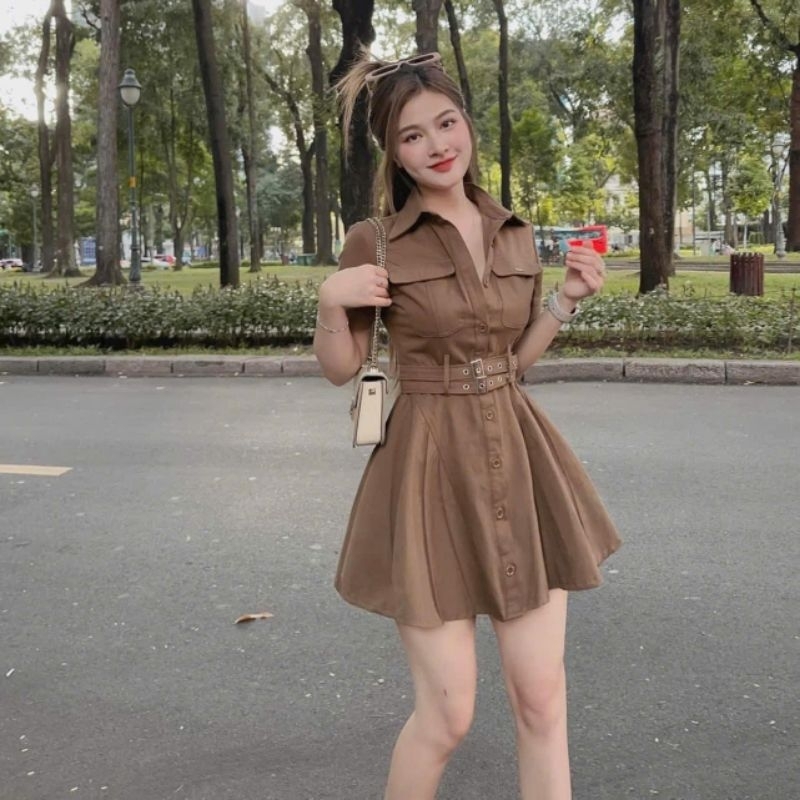 Đầm kaki kiểu sơ mi cài nút có kèm đai nịt y hình hàng loại 1 siêu đẹp.