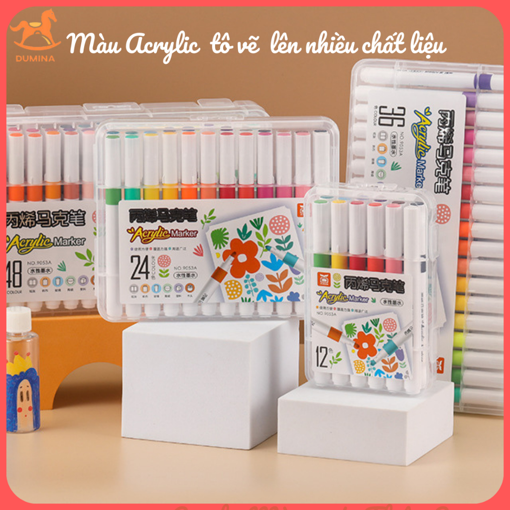 Bộ màu Acrylic Marker 12/24/36/48 Màu Chuẩn, dùng để vẽ vải/giày/tường/giấy/da/ly