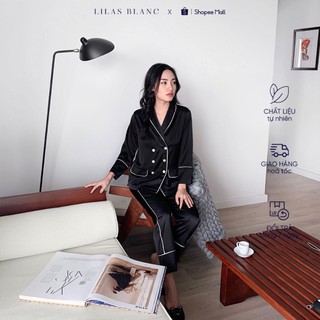 Bộ Pyjamas Nữ Mặc Nhà Áo Dài Quần Dài Chất Liệu Lụa Màu Xanh Thiết Kế Hai Hàng Cúc Phối Viền Trắng Suit Navy LILAS BLANC
