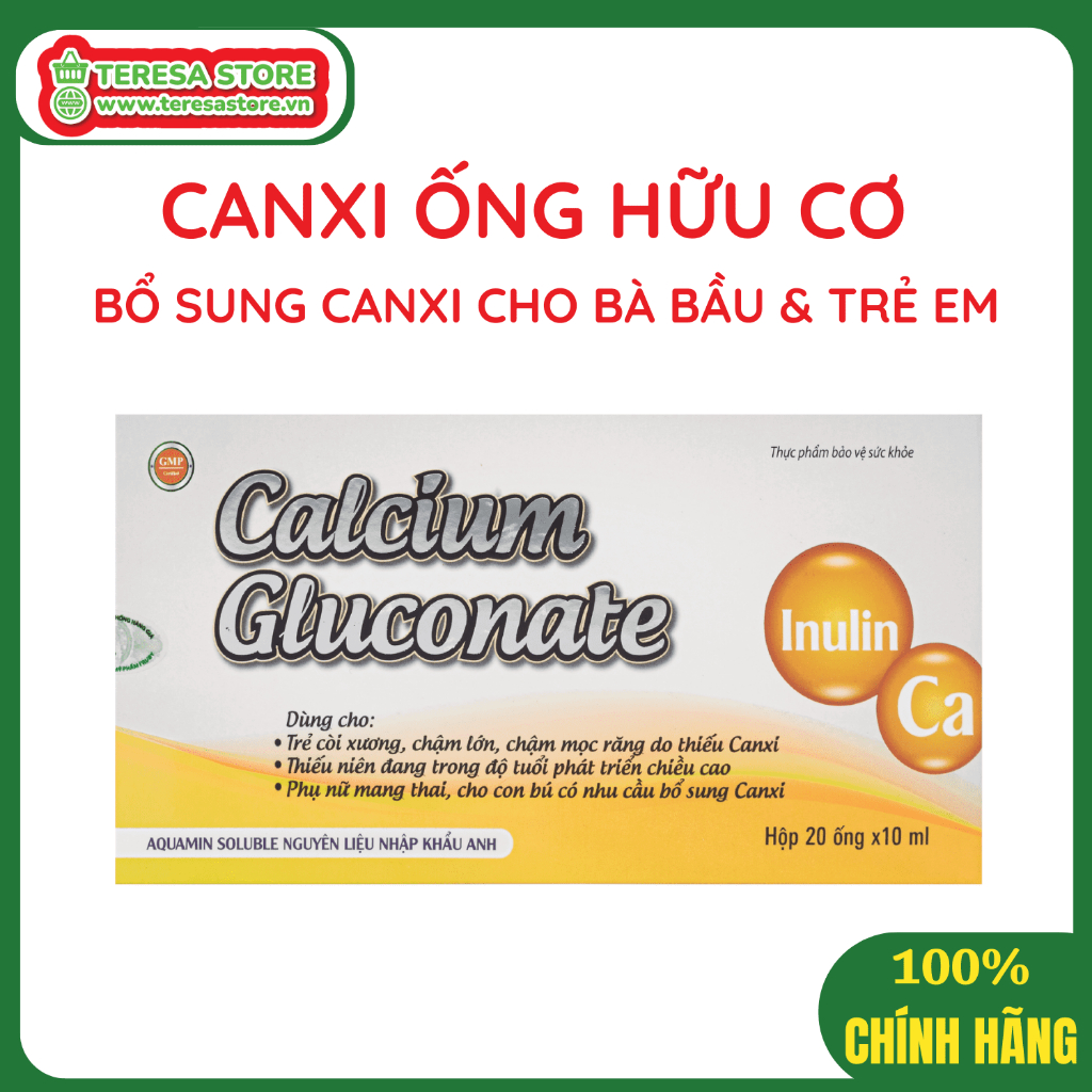 Canxi Hữu Cơ Bà Bầu Calcium Gluconate Hộp 20 Ống, Không Nóng, Không Táo Bón