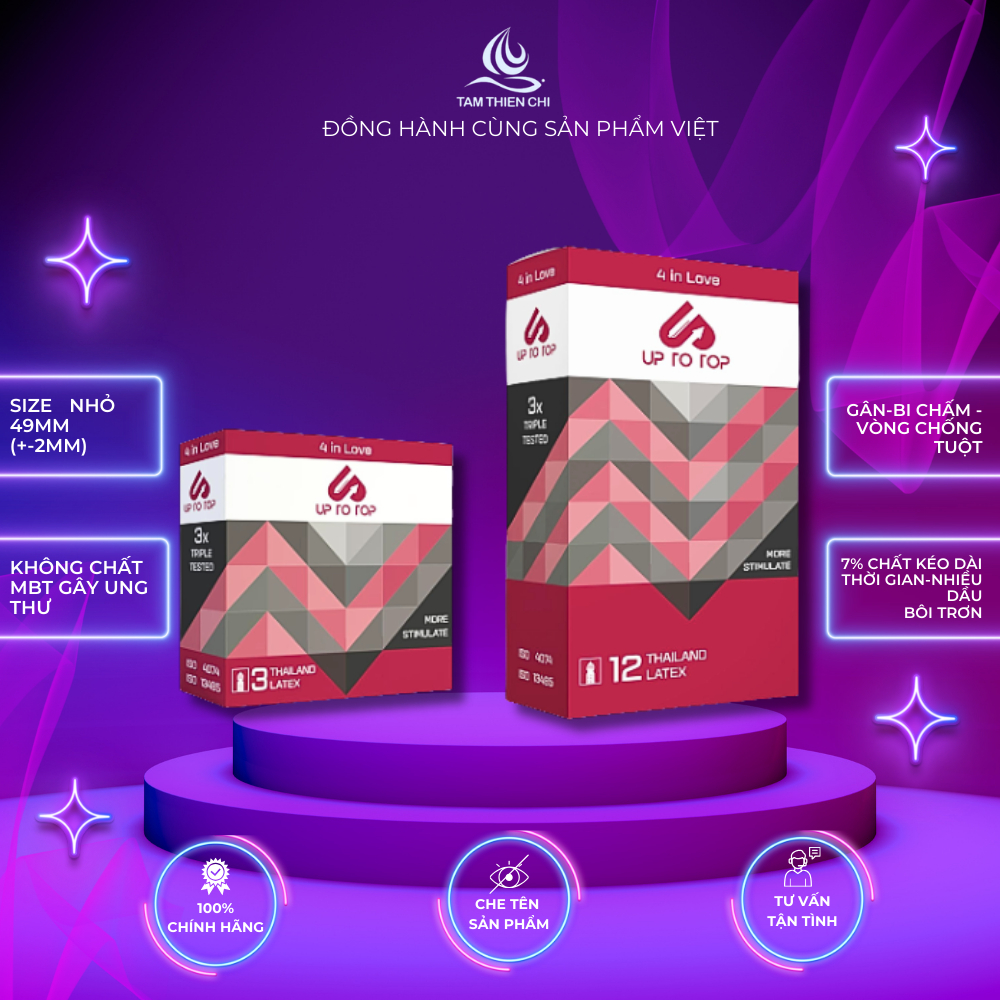 Bao sao su Up To Top size nhỏ 49mm kéo dài thời gian bi chấm gân chìm Tâm Thiện Chí