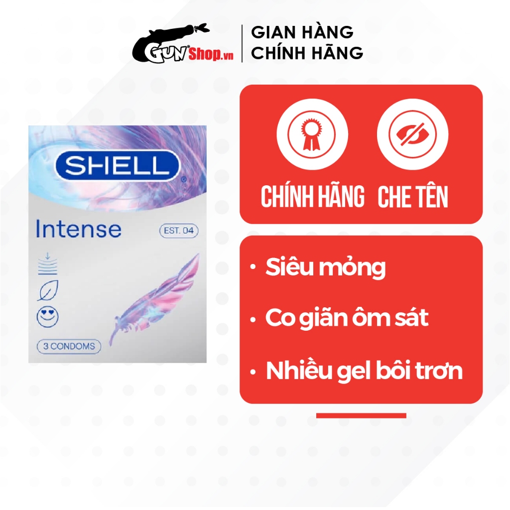 Bao cao su Shell Intense siêu mỏng 0.04mm, ôm sát hộp 3 cái | GUNSHOP VIỆT NAM