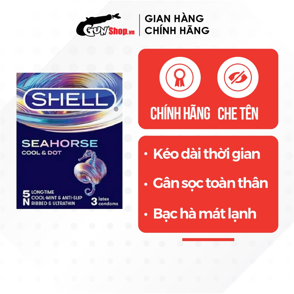 Bao cao su Shell Seahorse kéo dài thời gian, gân sọc hộp 3 cái | GUNSHOP VIỆT NAM