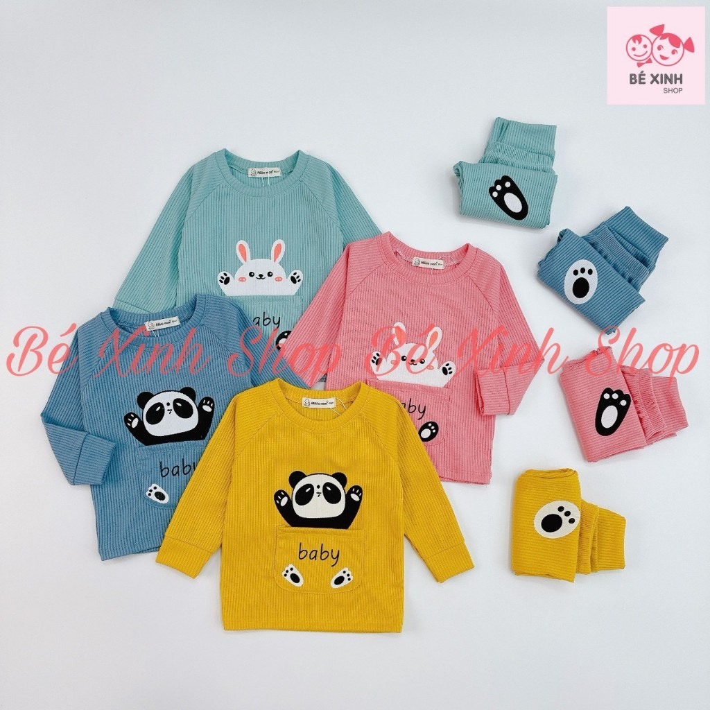 Đồ Bộ Dài Tay Thu Đông Cho Bé Trai Bé Gái Mikko Mom  Bộ Đồ Ngủ Thu Đông Thun Len Tăm Cho Bé Trai Gái TAI GẤU 2