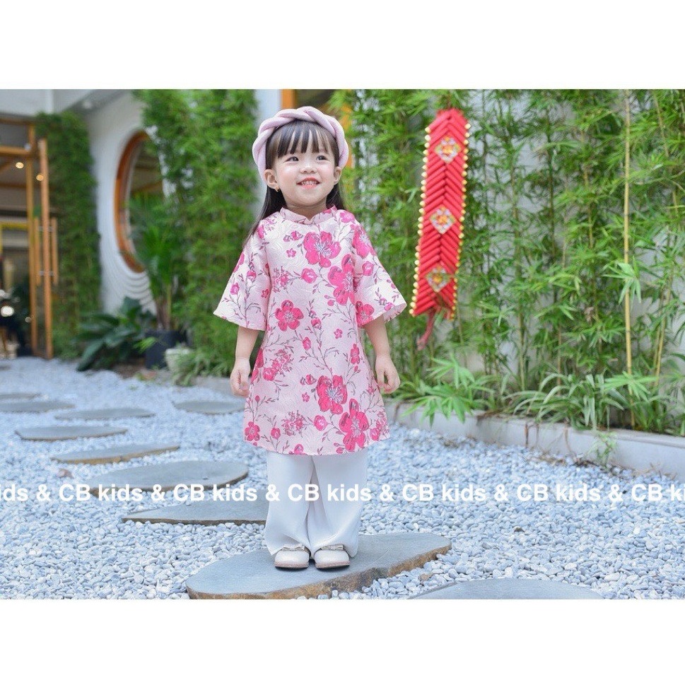 SIZE ĐẠI 8-28KG: Áo dài cách tân hoa đào kèm mấn xoắn cực dễ thương cho bé gái - ADCTHD