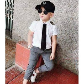 Áo sơ mi phi công kèm cà vạt đen đính ở cổ áo phom đẹp vải đẹp cho bé trai bé gái