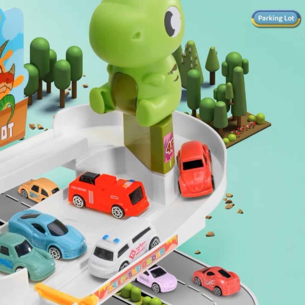 Đồ Chơi Bãi Đậu Xe Hầm Khủng Long Cỡ Lớn Kèm 6 Xe Trượt Và Tấm Đáy