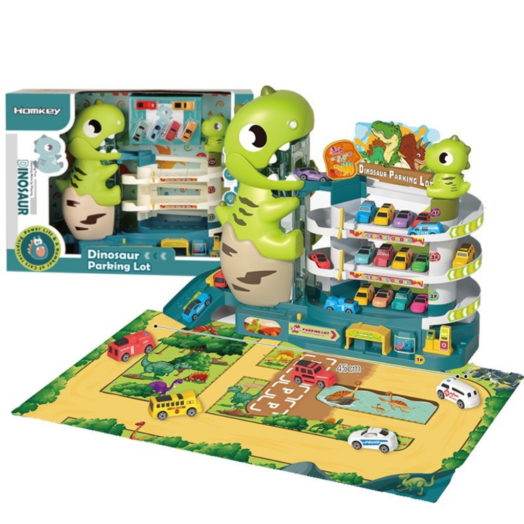 Đồ Chơi Bãi Đậu Xe Hầm Khủng Long Cỡ Lớn Kèm 6 Xe Trượt Và Tấm Đáy