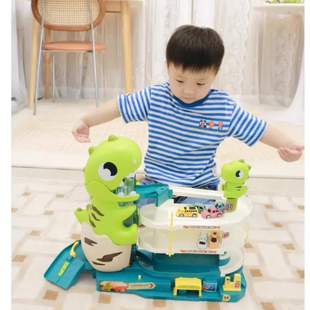 Đồ Chơi Bãi Đậu Xe Hầm Khủng Long Cỡ Lớn Kèm 6 Xe Trượt Và Tấm Đáy