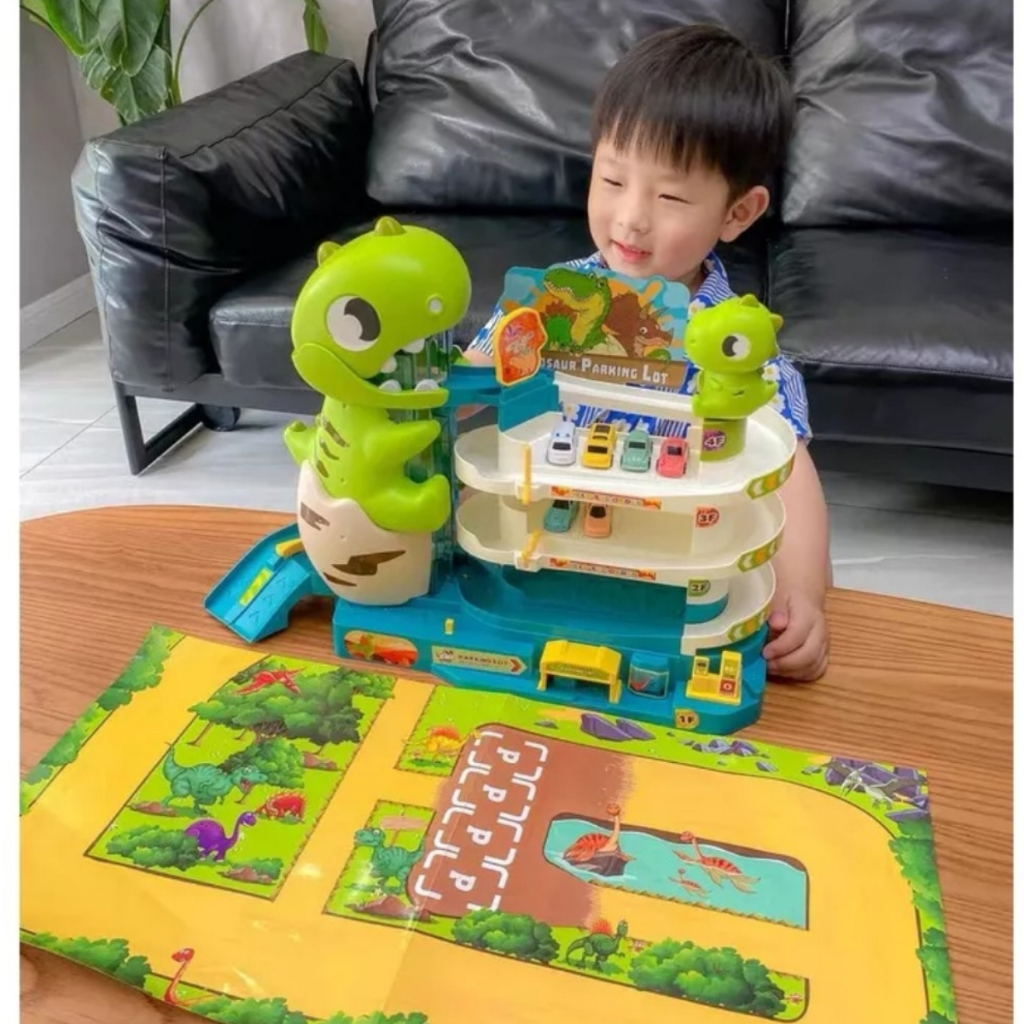 Đồ Chơi Bãi Đậu Xe Hầm Khủng Long Cỡ Lớn Kèm 6 Xe Trượt Và Tấm Đáy