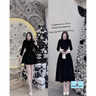 Đầm nhung cổ cườm tay phối trắng