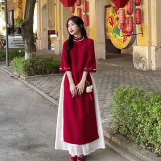 Áo dài cách tân nữ dáng suông thêu hoa th04