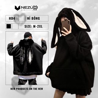 (Sẵn đen, trắng, nâu) Áo hoodie nỉ bông tai thỏ dài siêu to khổng lồ chữ ngực thêu đáng yêu, mũ lông mềm unisex nam nữ