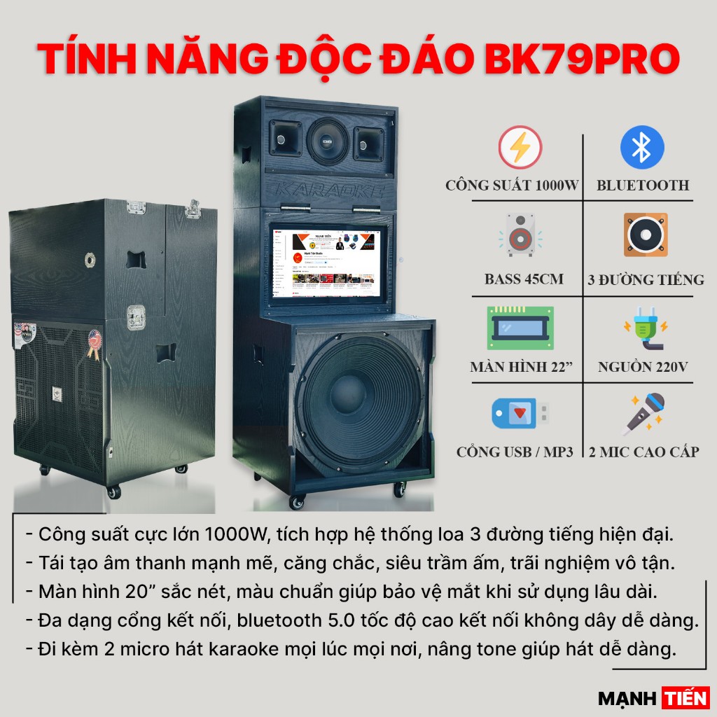 -Loa Màn Hình 22'' MTMAX BK79PRO - Loa Karaoke Mới Nhất 2024, Loa 3 Đường Tiếng Công Suất Lớn 1000W, Bass 45CM
