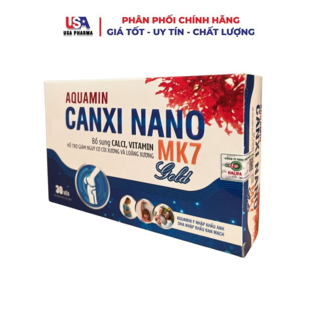 Viên Uống Aquamin Canxi Nano Mk7 Gold BỔ SUNG CANXI, Chống Còi Xương, Loãng Xương - Hộp 30 Viên