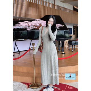 Đầm len dáng dài cổ V nhẹ nhàng