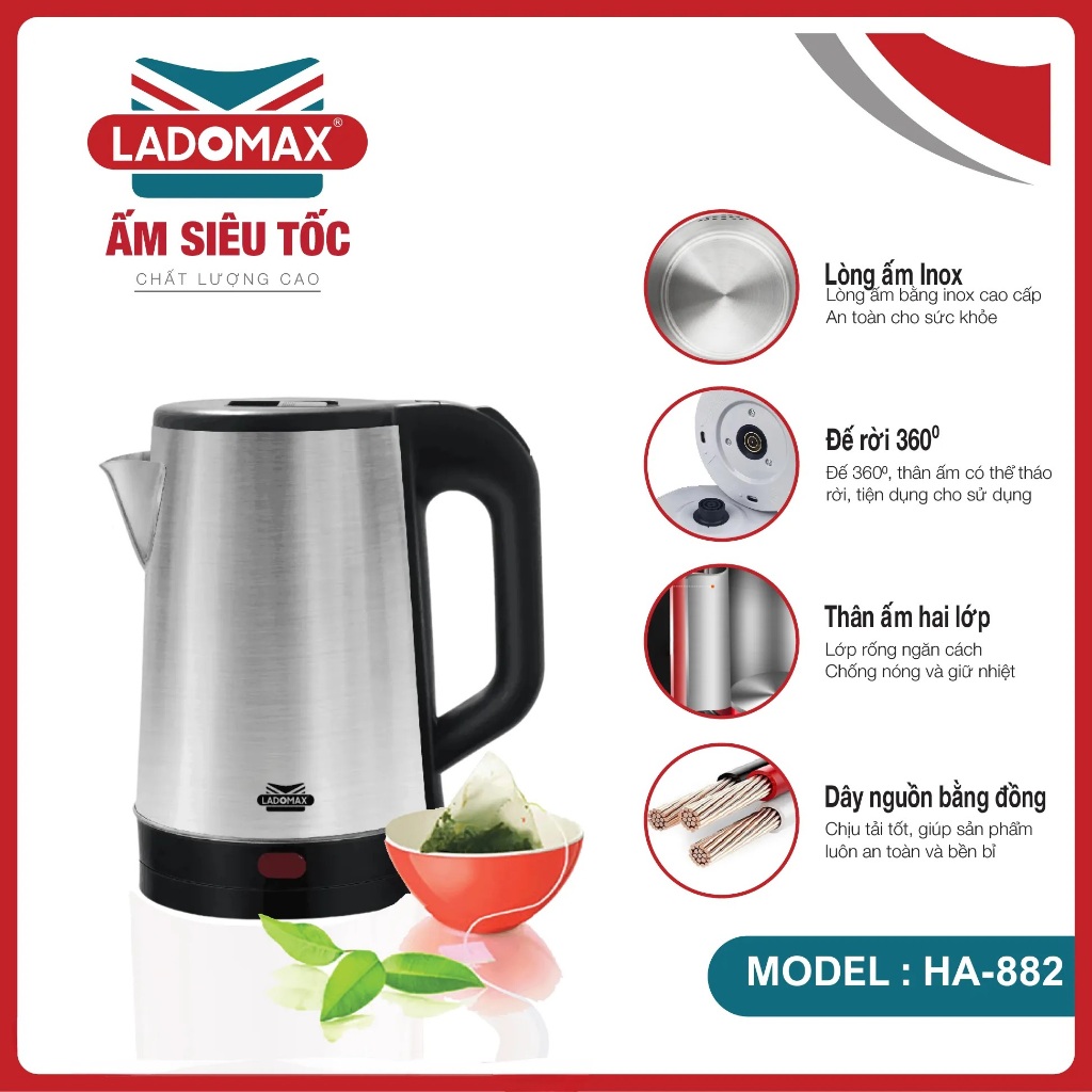Ấm đun siêu tốc Ladomax HA-882 DUNG TÍCH 2L