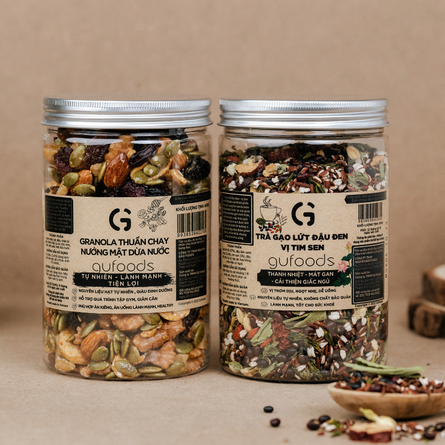 Combo 3 Granola thuần chay nướng mật dừa nước GUfoods (0% yến mạch;mix mắc ca,nho nâu,nam việt quất,hạnh nhân)(15g/400g)