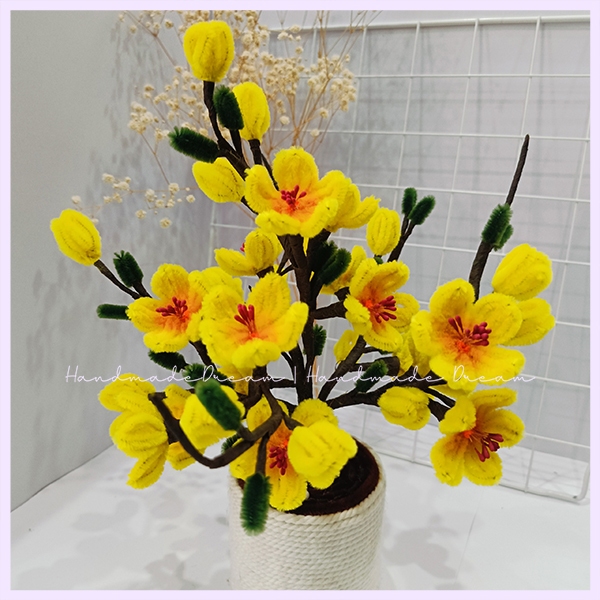 Chậu hoa mai chưng tết tặng đèn led Handmade | Hoa kẽm nhung decor trang trí nhà cửa ngày tết