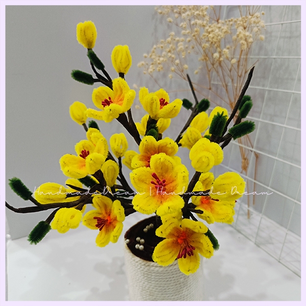 Chậu hoa mai chưng tết tặng đèn led Handmade | Hoa kẽm nhung decor trang trí nhà cửa ngày tết