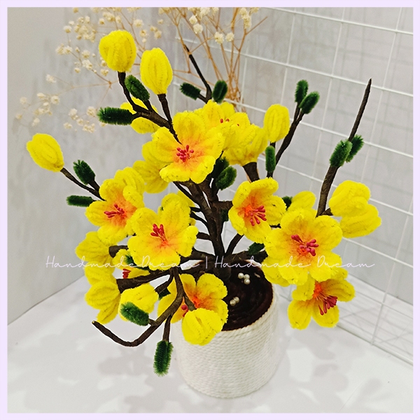 Chậu hoa mai chưng tết tặng đèn led Handmade | Hoa kẽm nhung decor trang trí nhà cửa ngày tết