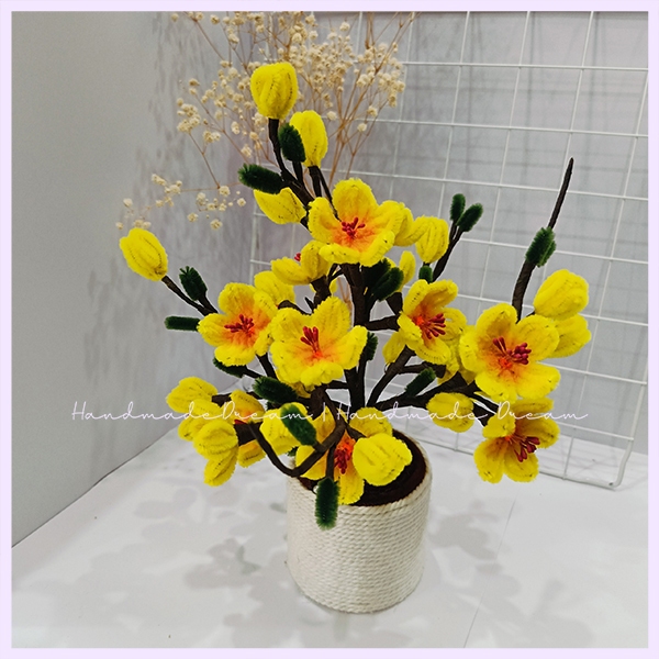 Chậu hoa mai chưng tết tặng đèn led Handmade | Hoa kẽm nhung decor trang trí nhà cửa ngày tết
