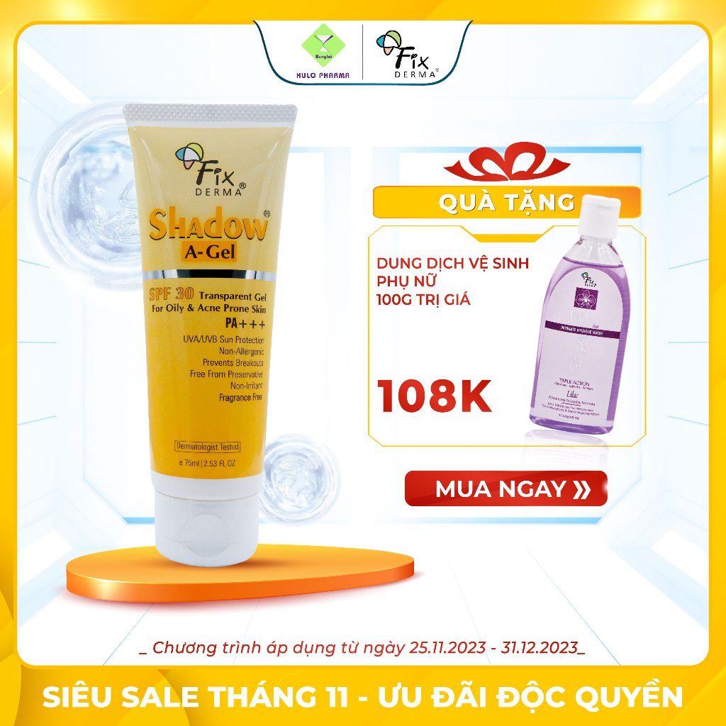 Kem Chống Nắng Dịu Nhẹ Cho Da Nhạy Cảm FIXDERMA Shadow A-Gel SPF 30+ Transparent Gel Bảo Vệ Da, Giảm Mụn 75ml [Hùng Lợi]
