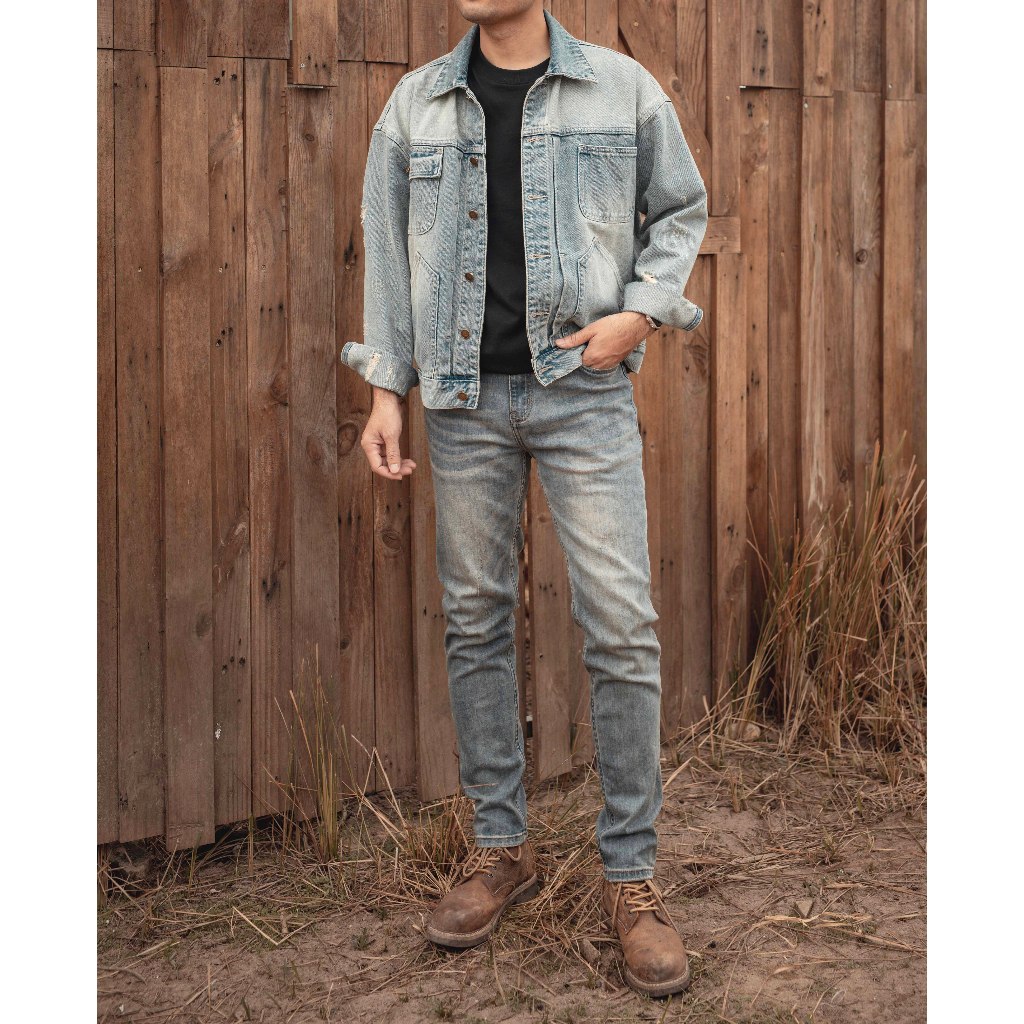 Áo khoác jean nam LAB+ COTTONLAB màu xanh wash vải Denim form crop - LAB230903